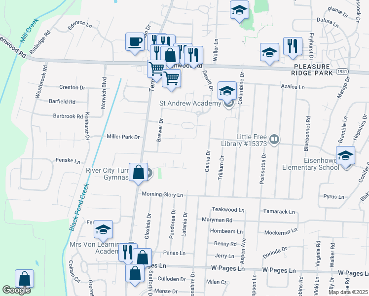map of restaurants, bars, coffee shops, grocery stores, and more near 7807 Trevino Way in Louisville