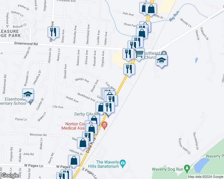 map of restaurants, bars, coffee shops, grocery stores, and more near 4708 Fury Way in Louisville