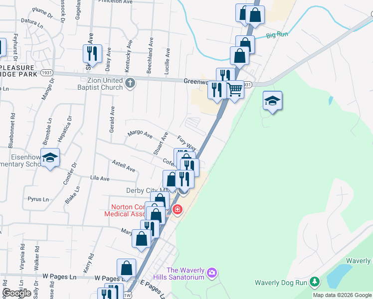 map of restaurants, bars, coffee shops, grocery stores, and more near 4708 Fury Way in Louisville