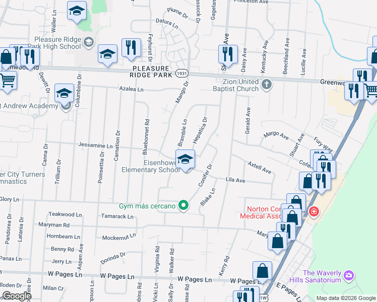 map of restaurants, bars, coffee shops, grocery stores, and more near 7907 Bramble Lane in Louisville