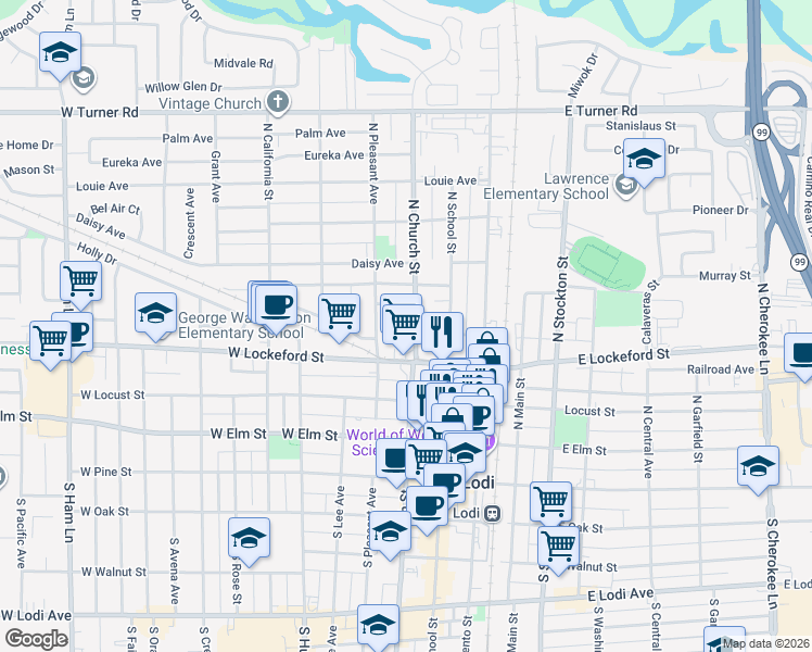 map of restaurants, bars, coffee shops, grocery stores, and more near 329 North Church Street in Lodi