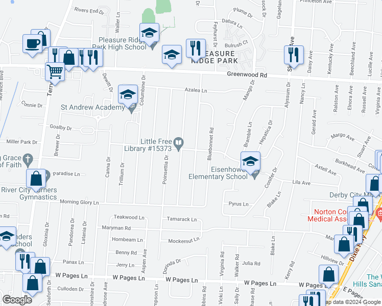 map of restaurants, bars, coffee shops, grocery stores, and more near 5600 Jessamine Lane in Louisville