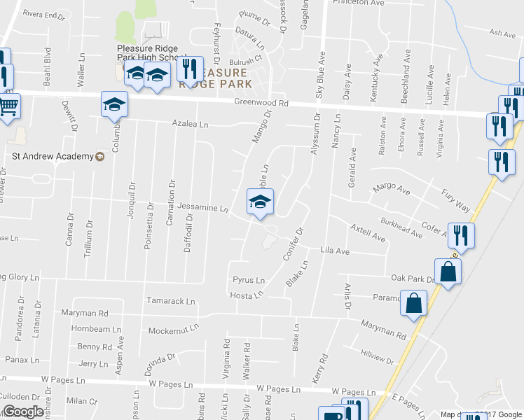 map of restaurants, bars, coffee shops, grocery stores, and more near 7907 Bramble Lane in Louisville