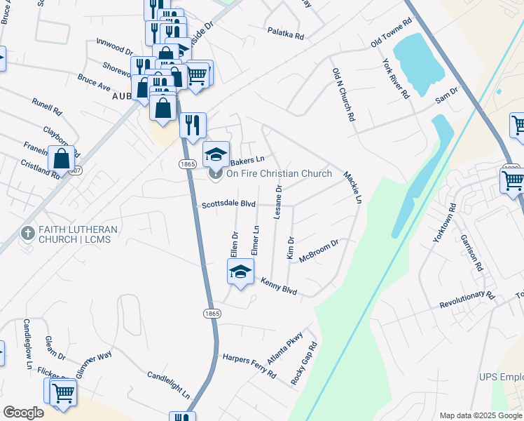 map of restaurants, bars, coffee shops, grocery stores, and more near 5613 Elmer Lane in Louisville