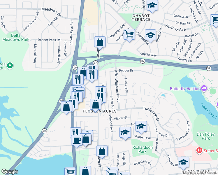 map of restaurants, bars, coffee shops, grocery stores, and more near 301 Lofas Place in Vallejo