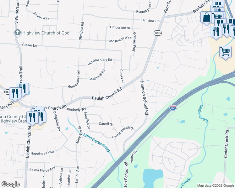 map of restaurants, bars, coffee shops, grocery stores, and more near 8600 Beulah Church Road in Louisville