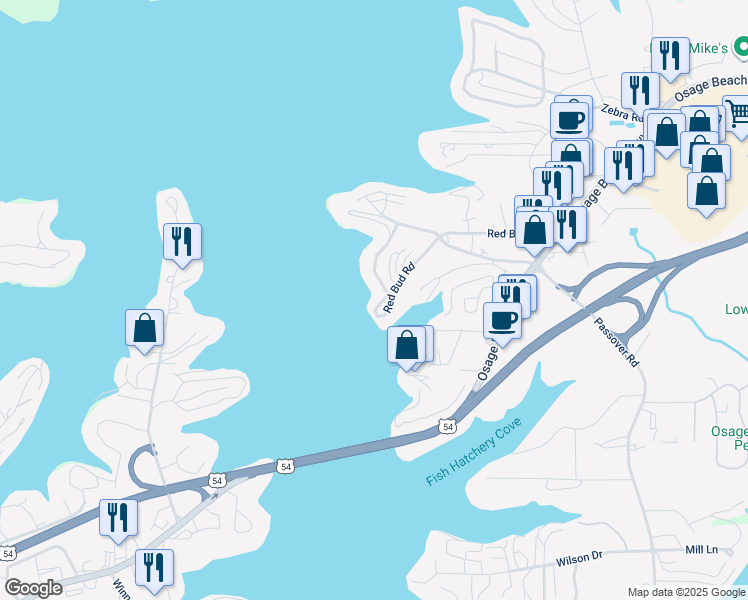 map of restaurants, bars, coffee shops, grocery stores, and more near 1135 Red Bud Road in Osage Beach