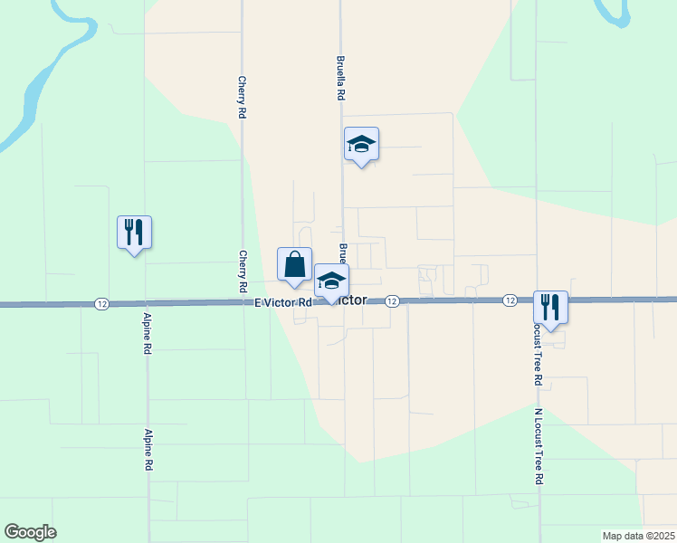 map of restaurants, bars, coffee shops, grocery stores, and more near 17321 Bruella Road in Victor