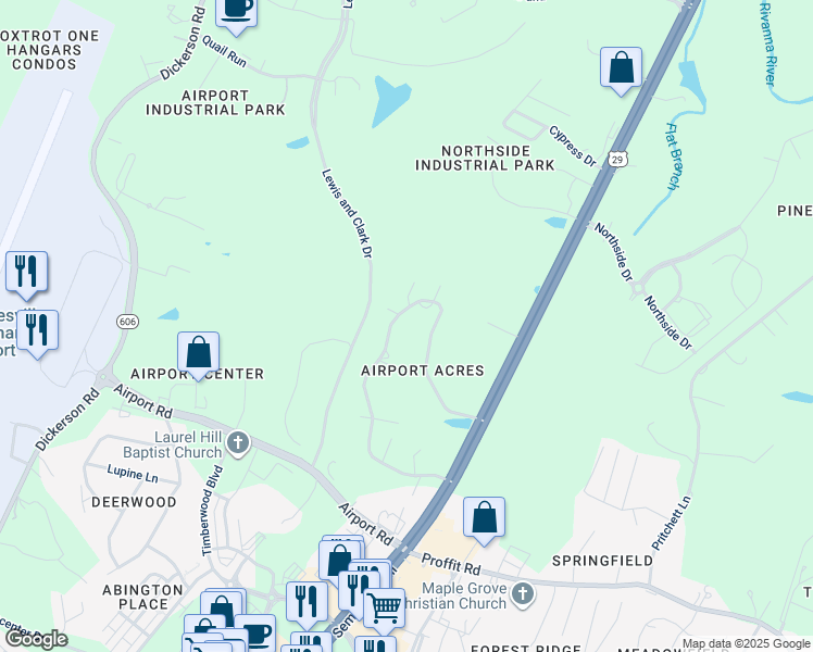 map of restaurants, bars, coffee shops, grocery stores, and more near 3629 Airport Acres Road in Charlottesville