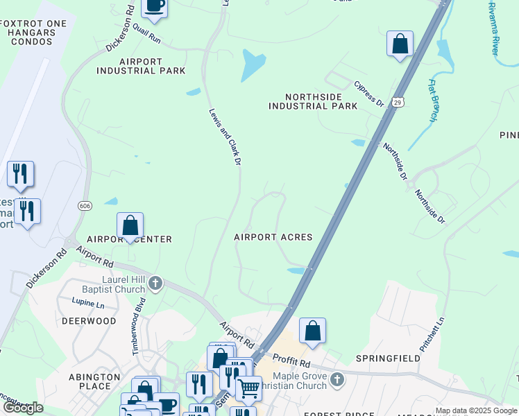 map of restaurants, bars, coffee shops, grocery stores, and more near 3629 Airport Acres Road in Charlottesville