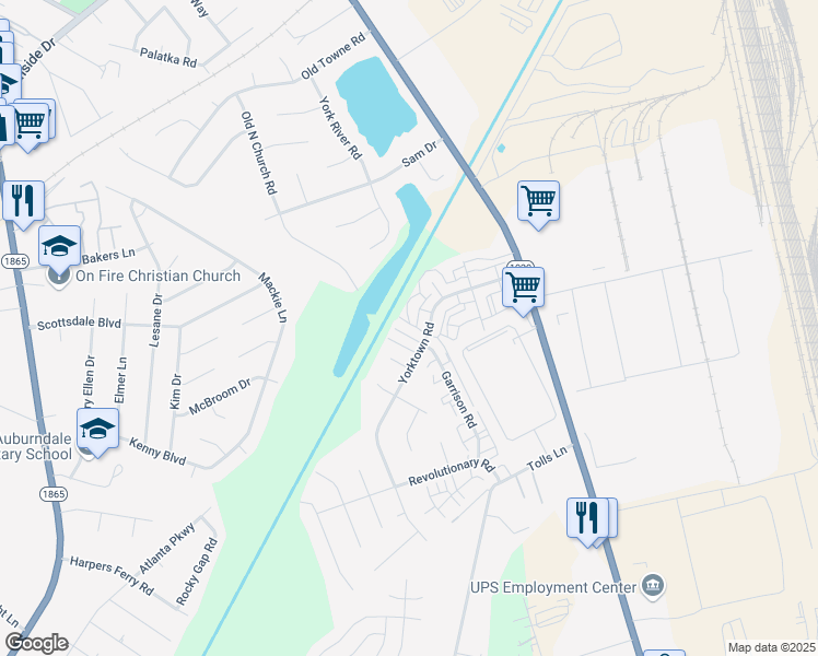 map of restaurants, bars, coffee shops, grocery stores, and more near 7305 Garrison Road in Louisville