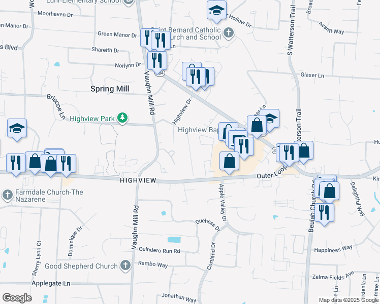 map of restaurants, bars, coffee shops, grocery stores, and more near 7503 Michael Drive in Louisville
