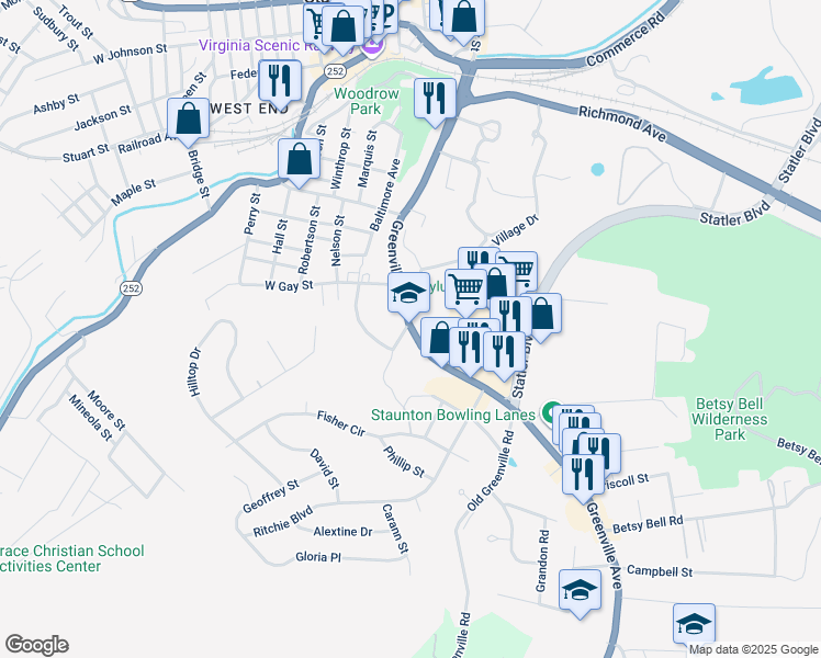 map of restaurants, bars, coffee shops, grocery stores, and more near 600 Greenville Avenue in Staunton