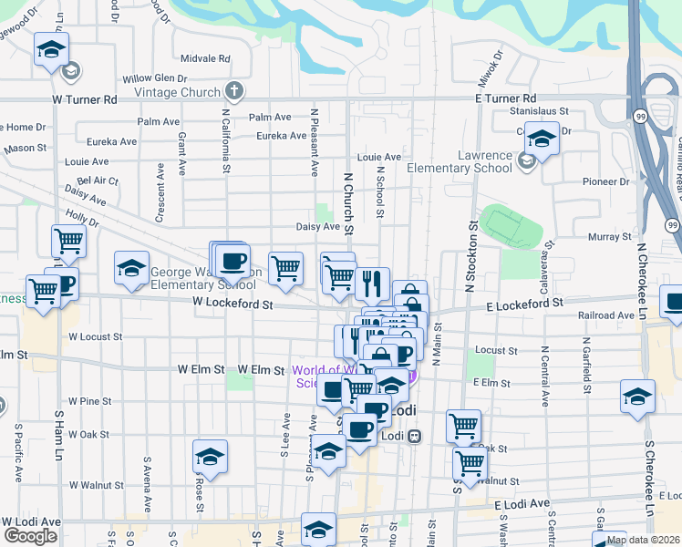 map of restaurants, bars, coffee shops, grocery stores, and more near 329 North Church Street in Lodi