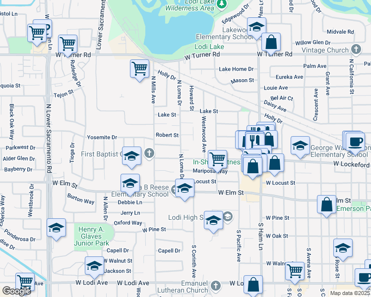 map of restaurants, bars, coffee shops, grocery stores, and more near 1665 West Lockeford Street in Lodi