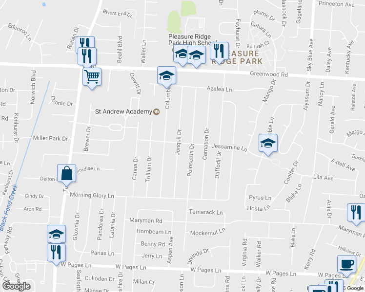 map of restaurants, bars, coffee shops, grocery stores, and more near 5802 Jessamine Lane in Louisville