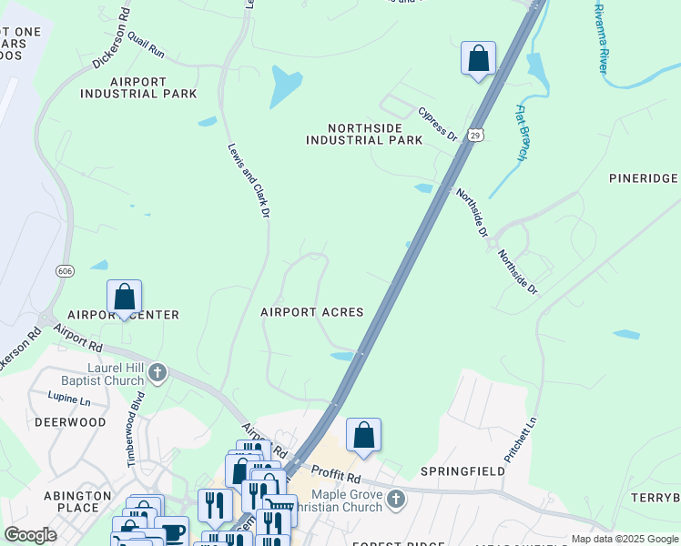 map of restaurants, bars, coffee shops, grocery stores, and more near 3672 Airport Acres Road in Charlottesville