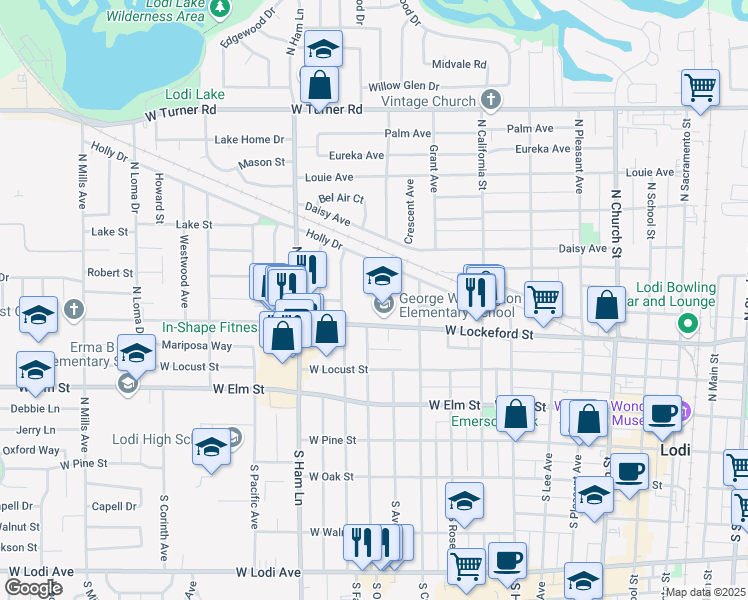 map of restaurants, bars, coffee shops, grocery stores, and more near 831 West Lockeford Street in Lodi