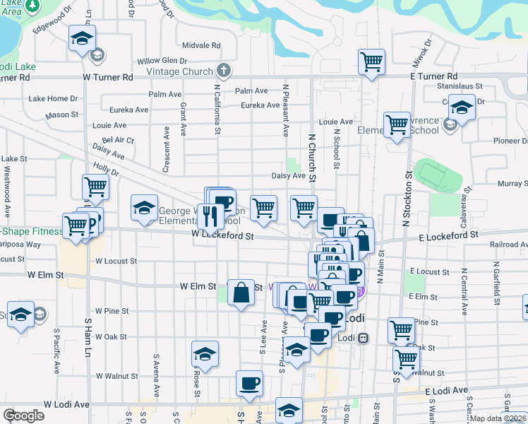 map of restaurants, bars, coffee shops, grocery stores, and more near 344 1st Street in Lodi