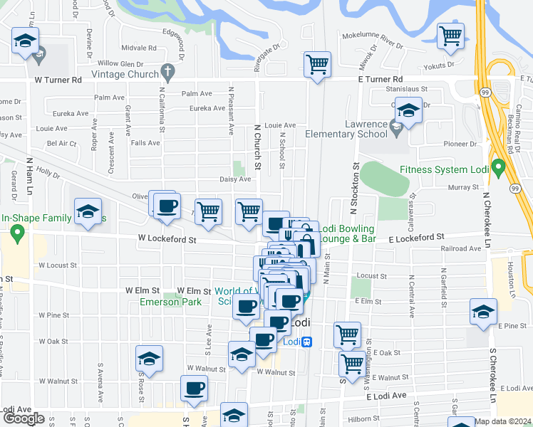 map of restaurants, bars, coffee shops, grocery stores, and more near 101 De Force Avenue in Lodi