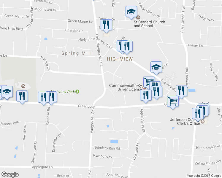 map of restaurants, bars, coffee shops, grocery stores, and more near 7301 Fox Hollow Way in Louisville