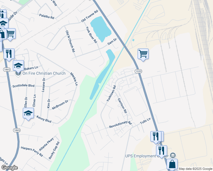 map of restaurants, bars, coffee shops, grocery stores, and more near 7301 Garrison Road in Louisville