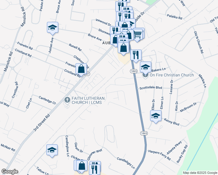 map of restaurants, bars, coffee shops, grocery stores, and more near 708 Auburn Oaks Drive in Louisville