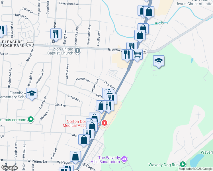 map of restaurants, bars, coffee shops, grocery stores, and more near 4708 Fury Way in Louisville