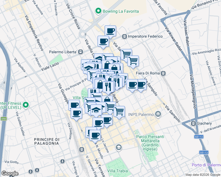 map of restaurants, bars, coffee shops, grocery stores, and more near 20 Via Ugo Foscolo in Palermo