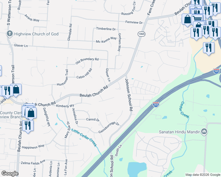 map of restaurants, bars, coffee shops, grocery stores, and more near 7521 Belinda Way in Louisville
