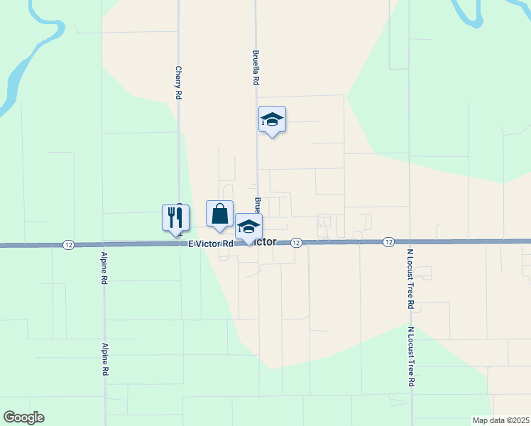 map of restaurants, bars, coffee shops, grocery stores, and more near 17321 Bruella Road in Victor