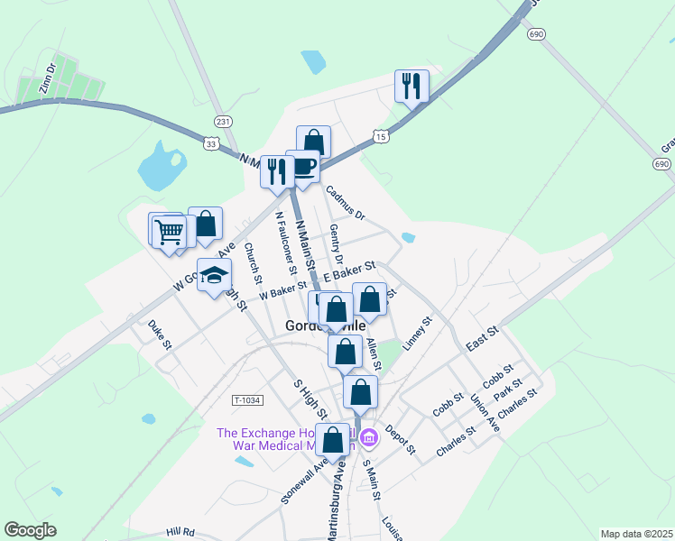 map of restaurants, bars, coffee shops, grocery stores, and more near 200 East Baker Street in Gordonsville