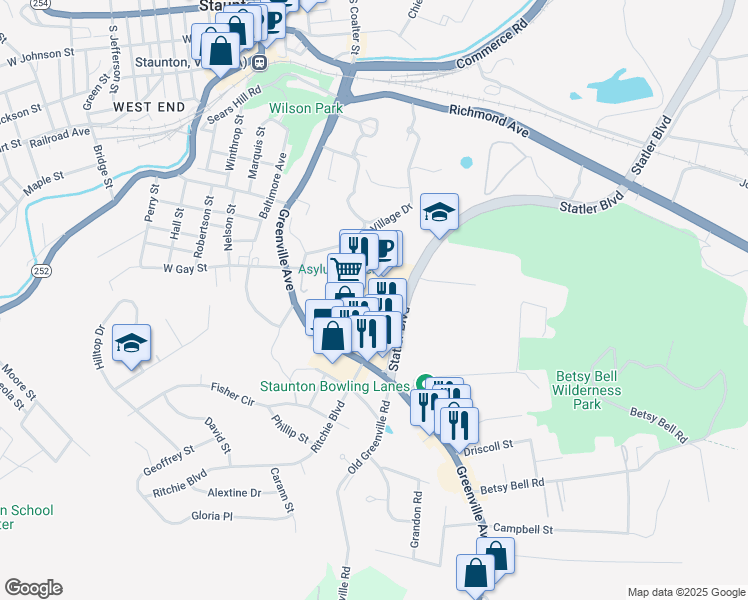 map of restaurants, bars, coffee shops, grocery stores, and more near 850 Statler Boulevard in Staunton