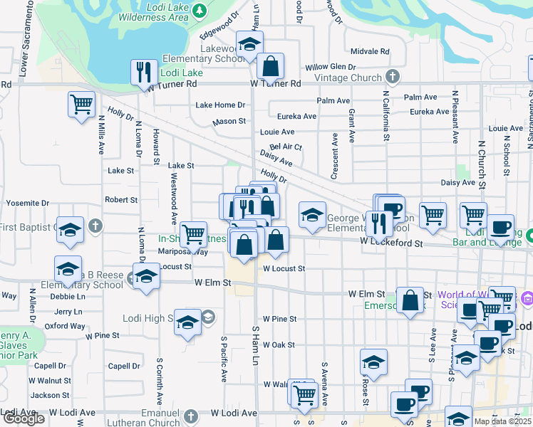 map of restaurants, bars, coffee shops, grocery stores, and more near 1110 Graffigna Avenue in Lodi