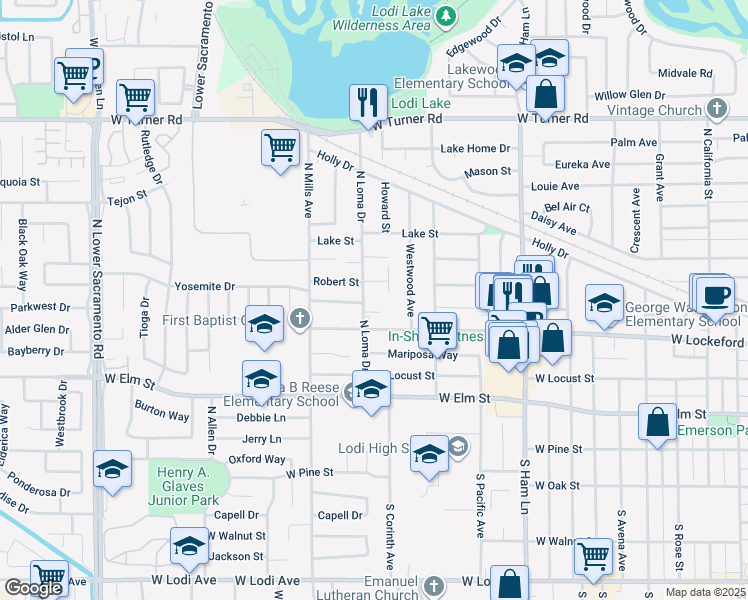 map of restaurants, bars, coffee shops, grocery stores, and more near 420 North Loma Drive in Lodi