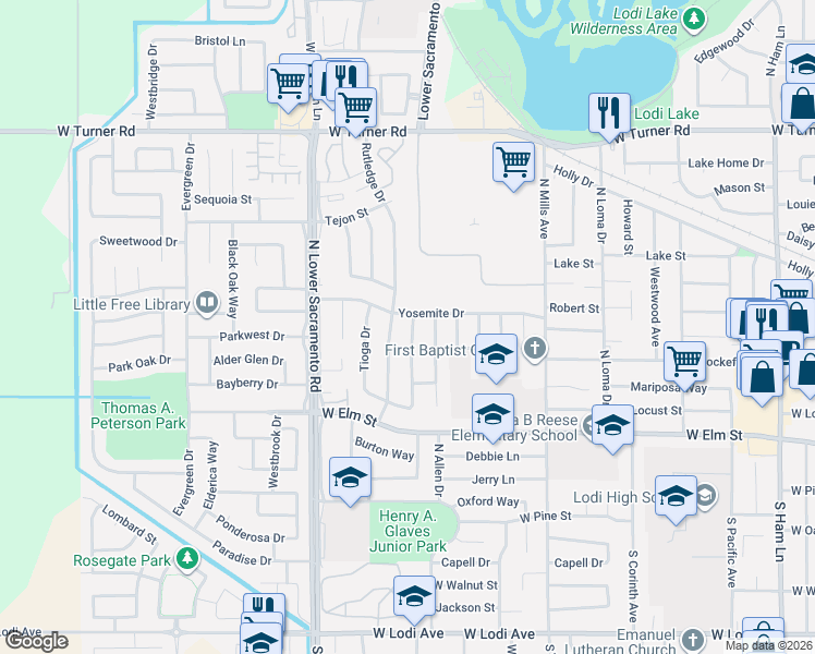 map of restaurants, bars, coffee shops, grocery stores, and more near 318 Rutledge Drive in Lodi