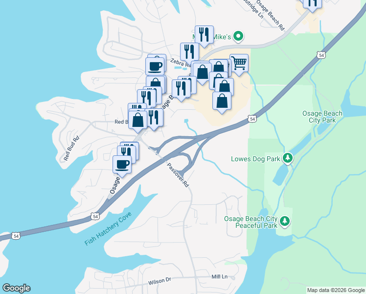 map of restaurants, bars, coffee shops, grocery stores, and more near 4427 U.S. 54 in Linn Creek