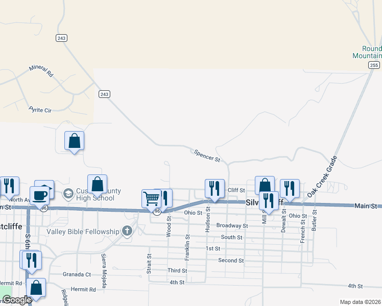 map of restaurants, bars, coffee shops, grocery stores, and more near 303 Spencer Street in Westcliffe