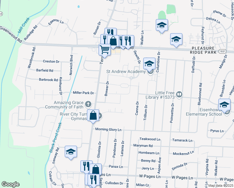 map of restaurants, bars, coffee shops, grocery stores, and more near 6107 Casper Drive in Louisville