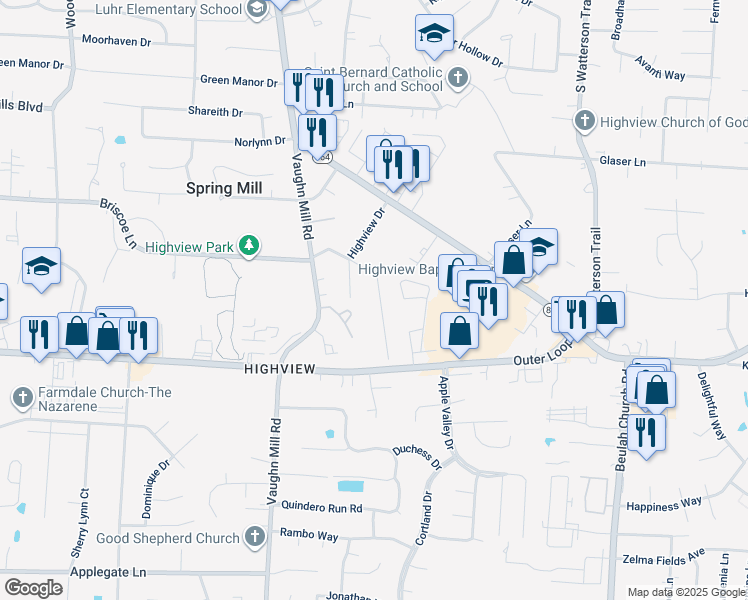 map of restaurants, bars, coffee shops, grocery stores, and more near 7410 Michael Drive in Louisville