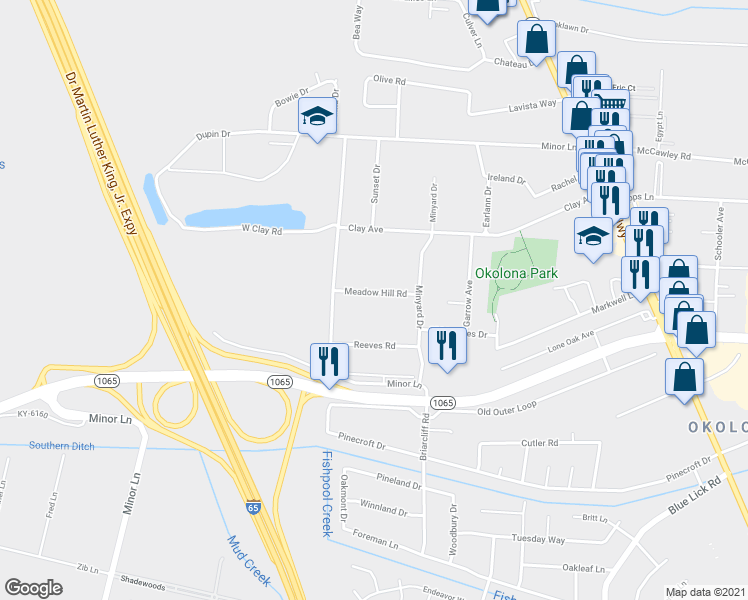 map of restaurants, bars, coffee shops, grocery stores, and more near 1008 Meadow Hill Road in Louisville