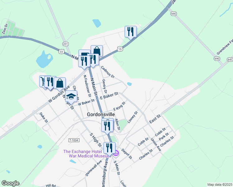 map of restaurants, bars, coffee shops, grocery stores, and more near 310 East Baker Street in Gordonsville