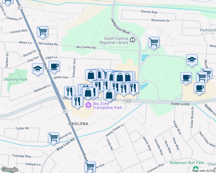 map of restaurants, bars, coffee shops, grocery stores, and more near 4501 Outer Loop in Louisville