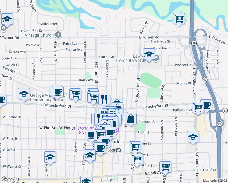 map of restaurants, bars, coffee shops, grocery stores, and more near 401 North Sacramento Street in Lodi