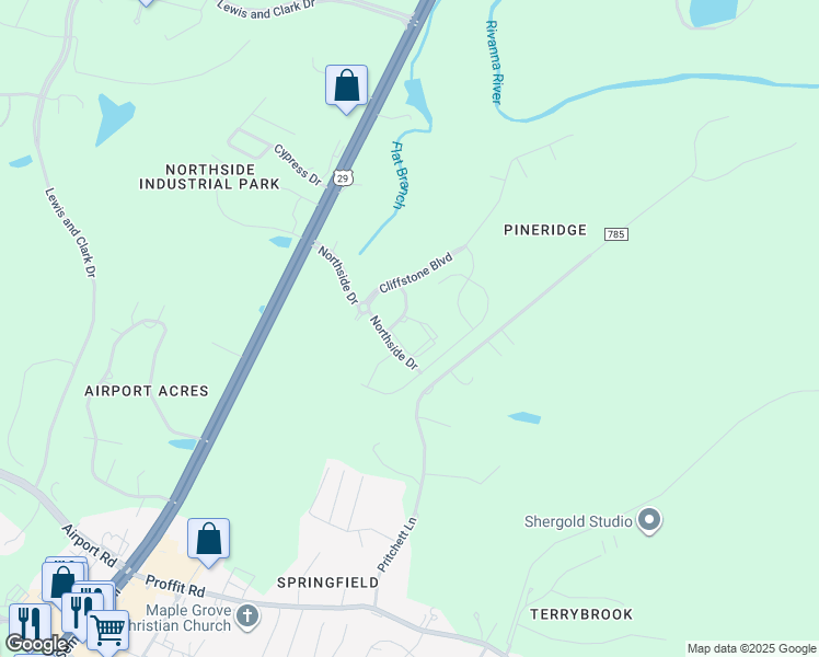 map of restaurants, bars, coffee shops, grocery stores, and more near 5025 Huntly Ridge Street in Charlottesville