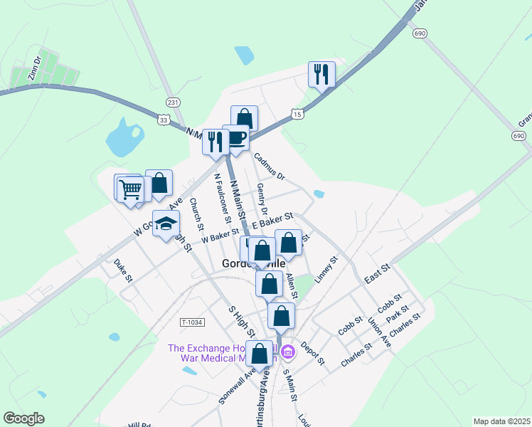 map of restaurants, bars, coffee shops, grocery stores, and more near 404 Gentry Drive in Gordonsville