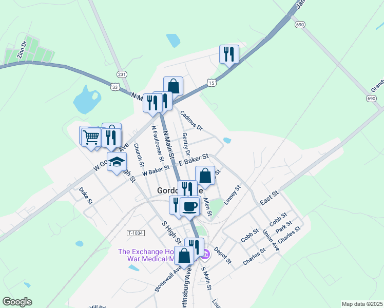 map of restaurants, bars, coffee shops, grocery stores, and more near 402 Gentry Drive in Gordonsville