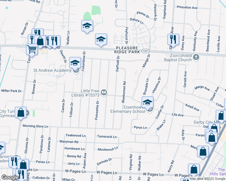 map of restaurants, bars, coffee shops, grocery stores, and more near 7800 Daffodil Drive in Louisville