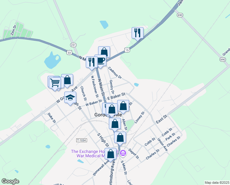 map of restaurants, bars, coffee shops, grocery stores, and more near 402 Gentry Drive in Gordonsville