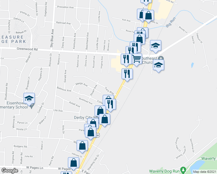map of restaurants, bars, coffee shops, grocery stores, and more near 7650 Dixie Highway in Louisville